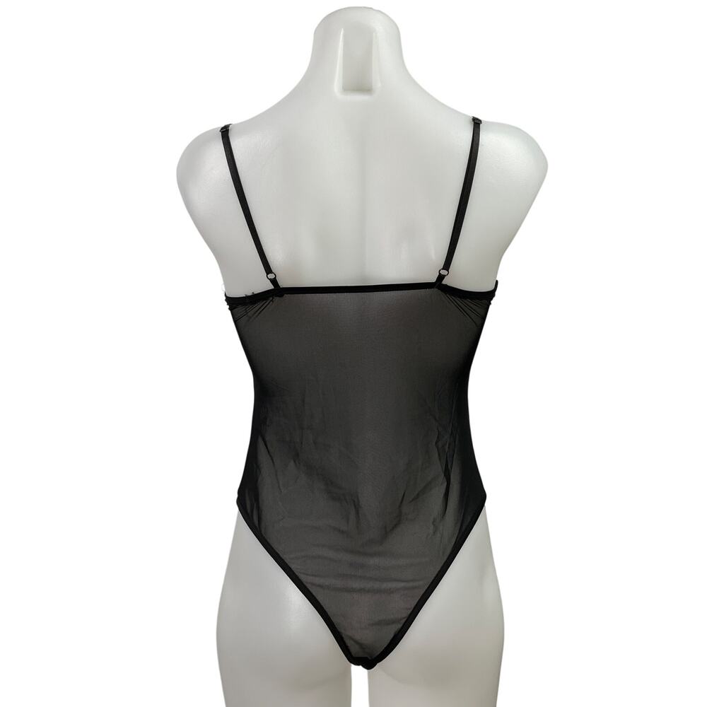 TU Black Silver Rhinestone Leaf Mesh Sheer Sleeveless Cami Bodysuit Top Size S - Picture 3 of 4